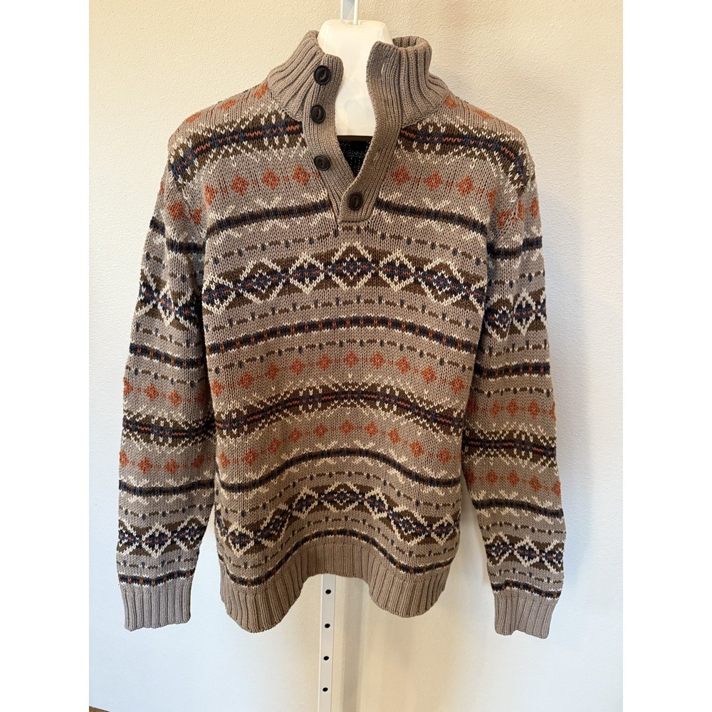 G.H. Bass & Co Brown Tan Men's Large Button Pullover Sweater Mock Neck fisherman